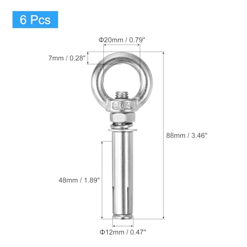 Image of uxcell Ring Lifting Expansion Eyebolt, 6pcs M8x70mm 304 Stainless Steel Expansion Screw with Eye Ring for Concrete Brick Wall
