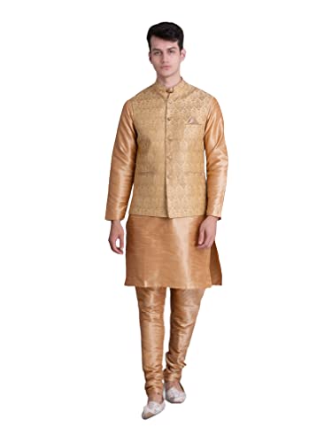 Image of Uri and MacKenzie Men's Silk Blend Regular Kurta Churidar Pyjama with Bundi Nehru Jacket /Waistcoat