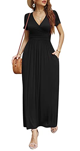 Image of CATHY Maxi Dresses for Women Short Sleeve V-Neck Casual Long Summer Wrap Dress with Pockets