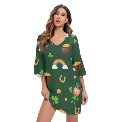 Robe d'été imprimée Cartoon Leprechauns avec col en V fluide pour femme