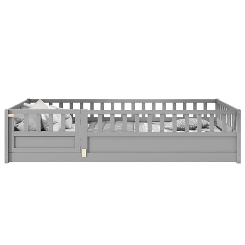 Image of Bellemave Twin Size Kids Montessori Floor Bed,Solid Wood Floor Bed Frame with High Fence and Lockable Door for Kids,Girls,Boys,Twin,Grey
