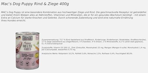 Mac's Dog Puppy 12 x 400g | 2 Sorten Mix | Getreidefreies Nassfutter für Welpen | schonende Zubereitung | bietet Ihrem Welpen Alles an Nährstoffen, Vitaminen und Mineralien