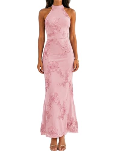 Realtix Womens Mesh Floral Halter Bodycon Maxi Dress Formal Wedding Guest