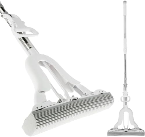 MengAiGu スポンジモップ フロアワイパー フロアモップ 収納式モップ 床拭き 床拭き 吸水モップ フラットモップ 絞り器付き 長さ調節可能 ウェット&ドライ 手洗い不要 絞り PVA素材 天井/壁/ガラス/床/鏡/窓 結露 水拭き 浴室 掃除用品