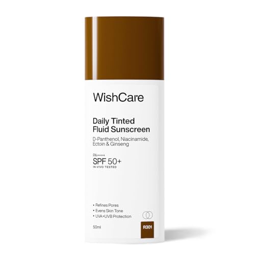 Image of WishCare Daily Fluid Tinted Sunscreen SPF50 PA++++ | R301 | Broad Spectrum Protection for all skin types | In-Vivo Tested Tinted Sun Screen | D-Panthenol, Niacinamide, Ectoin & Ginseng | Evens & Protects | 50ml