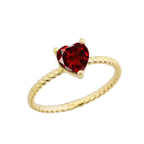 Dainty 10k Yellow Gold Heart-Shaped Garnet Solitaire Rope Engagement/Promise Ring
