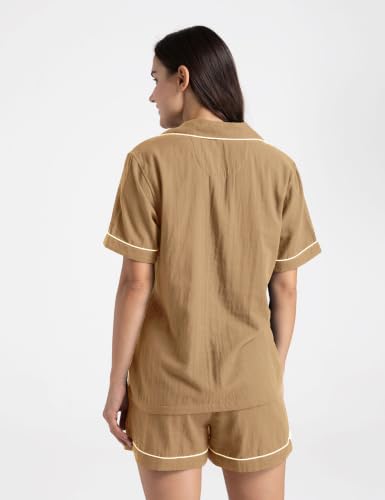 Image of Womens Muslin Pajama Sets 100% Cotton Double Gauze Linen Like Short Pjs | Breathable Soft Comfort Button Up Loungewear Sleepwear PJ Set