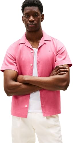 Tommy Hilfiger Men’s Short Sleeve Linen Blend Shirt, Pink (Vintage Rosy), M