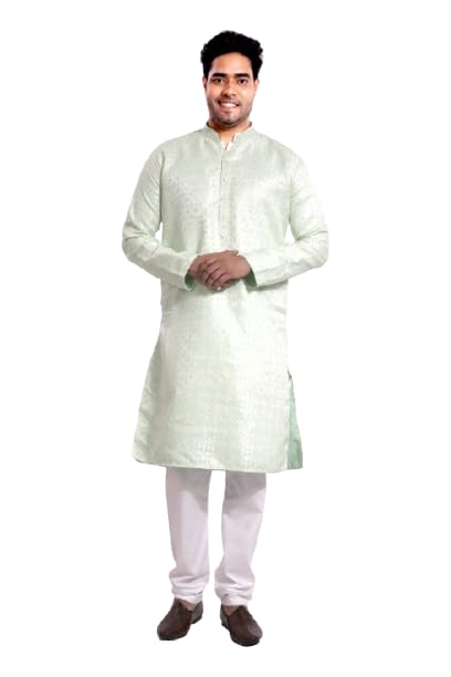 welcy Men Printed Silk Kurta | Full Sleeves | Traditional Ethnic Wear | Mandarin Collar | Stylish Printed Textured Long Kurta with Pocket | Regular Fit-picture-20