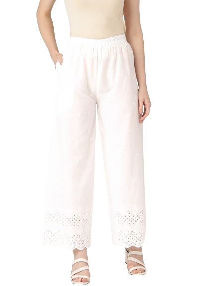 Image of feranoid White Chicken Embroidred Cotton Regular Fit Palazzo