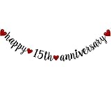 Happy 15th Anniversary Banner, Pre-Strung,Black Glitter Paper Garlands for 15th Wedding Anniversary