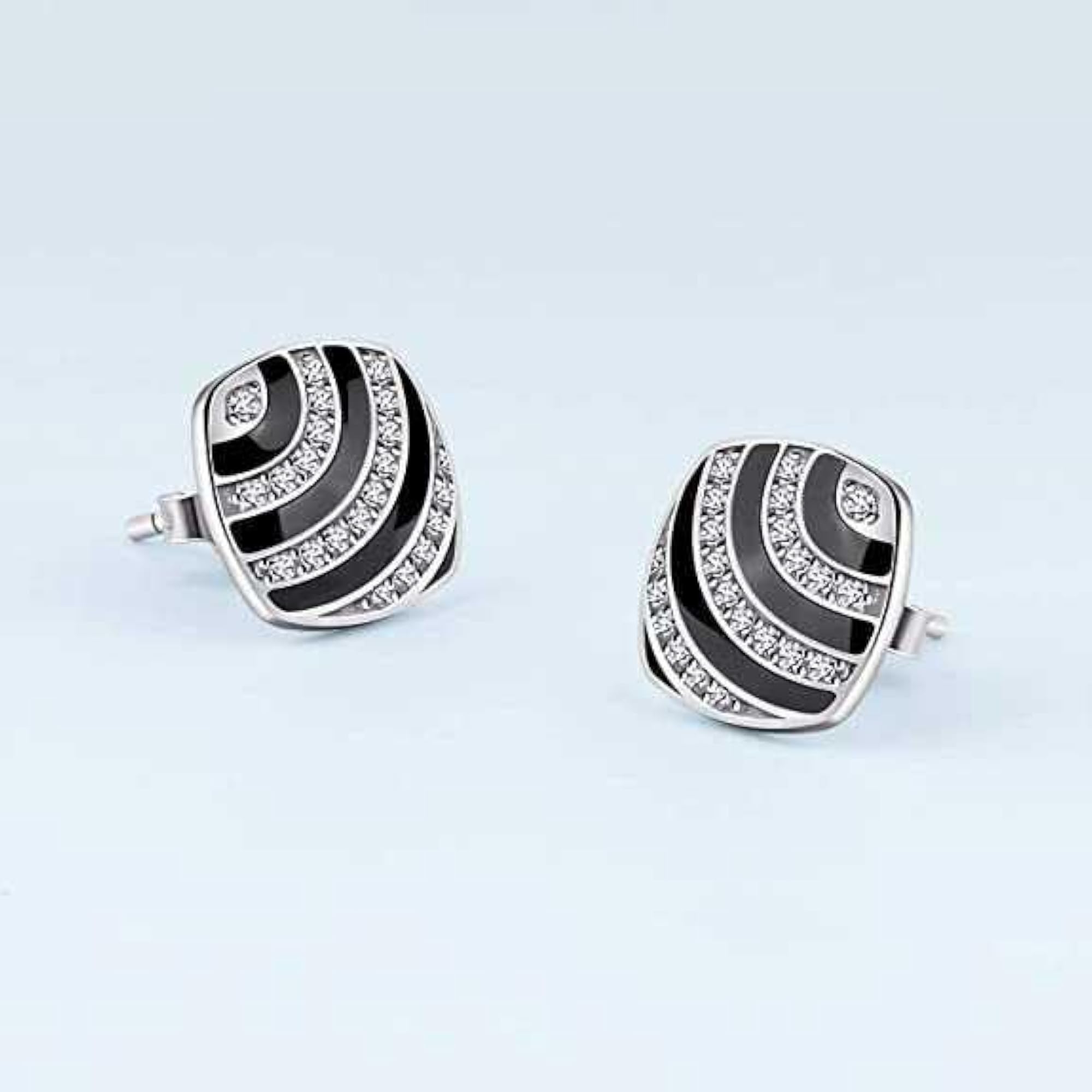 Women's Silver Onyx Stud Earrings with Cubic Zirconia