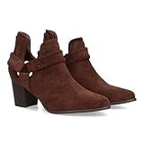 98458 Botin con tacon para mujer con tiras tranzadas y detalle de hebilla triangular con corte lateral abierto, acabado afelpado para entretiempo. Tacon comodo ideal uso diario. Marron Talla 37