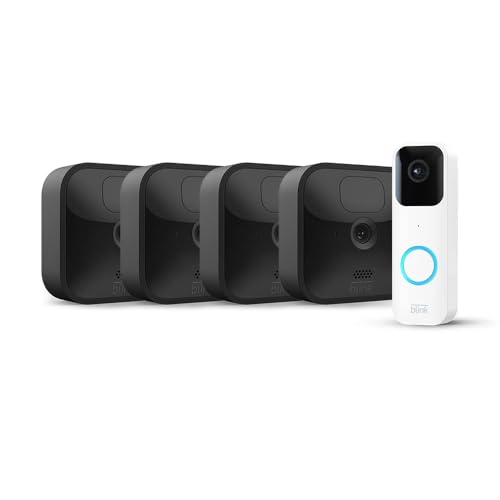 Blink Outdoor with two-year battery life | 4-Camera System (Black) + Blink Video Doorbell (White) | HD Smart Security, motion detection, Alexa enabled