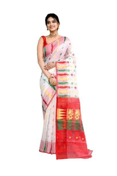 Women’s Authentic Bengal Handloom Dhakai Jamdani Saree Cotton Silk Self Design Traditional Tant Tangail Without Blouse-image-32