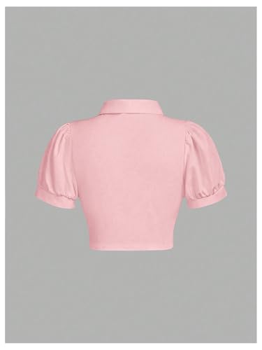 Image of Verdusa Girl's Y2k Cinched Crop Blouse Tie Front Puff Sleeve Ruffle Button Down Collar Shirts