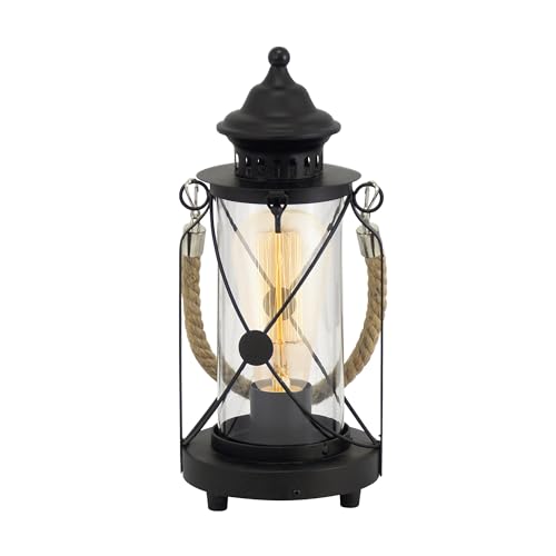 EGLO Tischlampe Bradford, 1 flammige Vintage Tischleuchte, Laterne, Nachttischlampe aus Stahl, Farbe: Schwarz, Glas: klar, Fassung: E27, inkl. Schalter