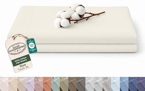 Image of Royale Linens 100% Organic Cotton Twin XL Size Flat Sheet Only - Percale Top Sheets - Twin XL Flat Sheet Sold Separately - Lightweight & Super Soft 100% Cotton Ivory Bed Sheets Only (66 inch x 102 inch Ivory)