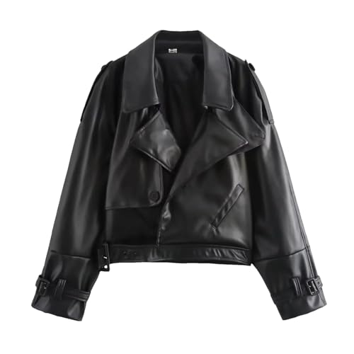 Mkjuuior Chaqueta de piel sintética para mujer, casual, con solapa, cremallera, chaqueta corta de cuero para motocicleta, BL66, S