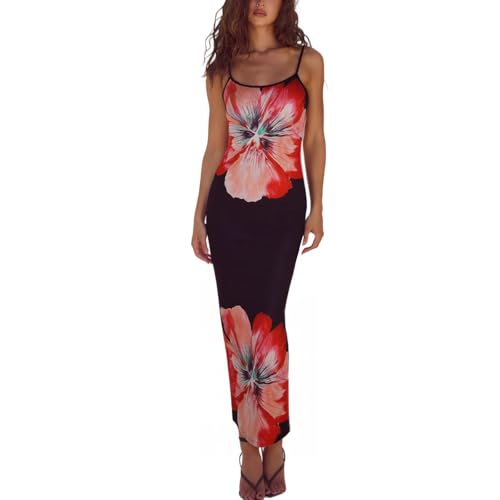 Image of Womens Summer Casual Floral Dresses Spaghetti Strap Bodycon Maxi Beach Dress Elegant Evening Party Long Dresses (US, Alpha, Medium, Regular, Regular, Black Apricot)