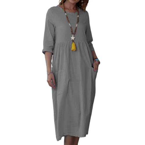 Cotton Linen Dresses for Women 2025 3/4 Sleeve Long Dress Crew Neck Solid Summer Vacation Dresses Casual Sundress