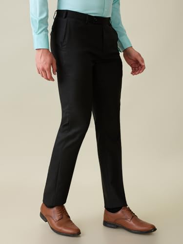 Image of Raymond Men Slim Fit Solid Pattern Poly Viscose Elastane Blend Flat Front Formal Trouser
