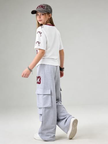Image of Tween Girls Clothes Short Sleeve Graphic T-Shirt Top + Cargo Pants 2pcs Outfit Set, Size 7-15Years