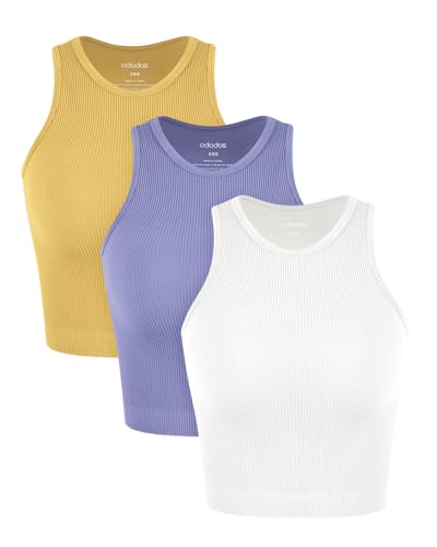 Image of ODODOS 3-Pack Seamless Crop Tank for Women Ribbed Soft High Neck Cropped Tops