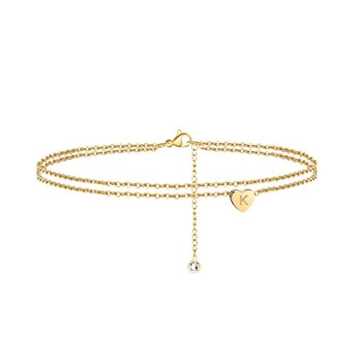 Turandoss Heart Initial Ankle Bracelets for Women, 14K Gold Filled Handmade Dainty Layered Anklet Letter Initial Heart Ankle Bracelets for Women Beach Jewelry Gifts