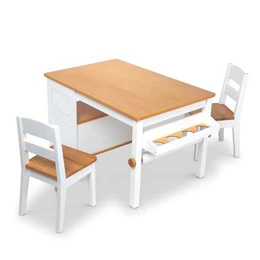 Melissa & Doug Wooden Art Table and 2 Chairs Set – Kids Furniture for Playroom, Light Woodgrain and White 2-Tone Finish