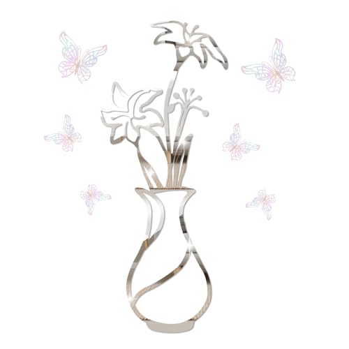 Acrylic 3D Flower Mirror Wall Stickers, Wall Decoration for Living Room Silver Wall Art with 3D Butterflies, Wall Decals Mural for Bedroom, Home Decor, TV Background and Sofa Backdrop (39.4 * 19.7in)