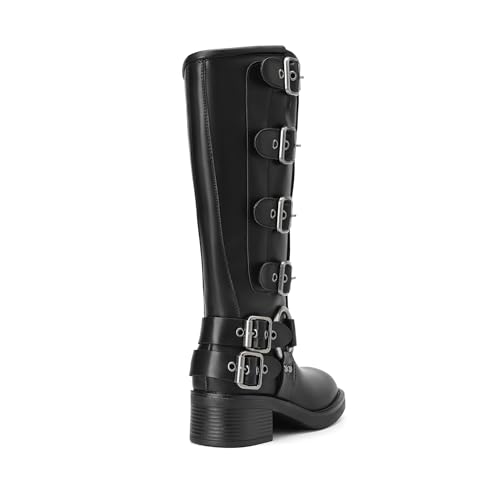 DREAM PAIRS Women's Knee High Riding Boots Side Zipper Motorcycle Boots Square Toe Chunky Heel Fashion Buckles Biker Boots,Size 8,Black-1,SDKB2416W