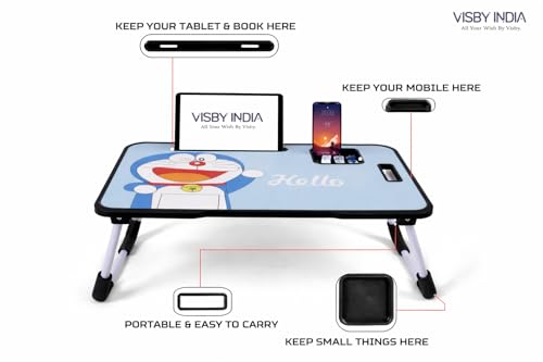 Image of VISBY INDIA Smart Multipurpose Foldable Laptop Table with Cup Holder, Study Table, Bed Table, Breakfast Table, Foldable and Portable /Ergonomic & Rounded Edges /Non-Slip Legs (Doremon C-Biding)