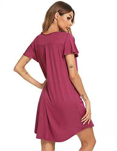 Roojaa Womens Short Sleeve Nightgown Pleated Soft Loose Sleepshirt Casual Nightdress Rose Purple #TOP5