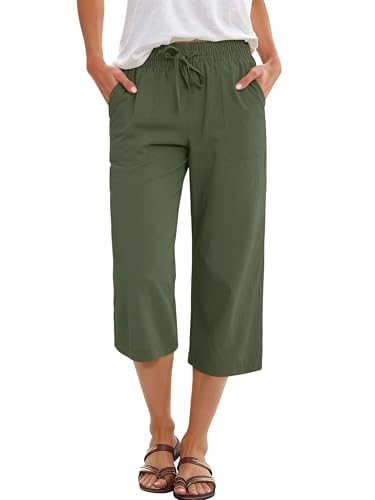 ANRABESS Capris Pants for Women Summer Casual Loose Drawstring Elastic High Waist Straight 2026 Lounge Beach Cropped Trousers Small Green