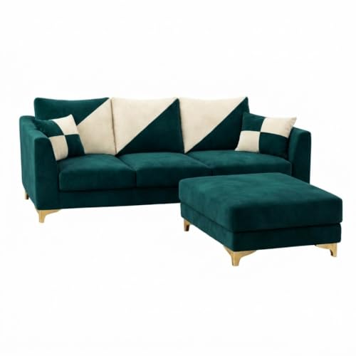 Image of Juliet Rich 4 Seater L Shape Sofa Set with Movable Ottomans | Flexible Layout | Velvet Suede Fabric | Golden Aesthetic Legs | Modern Sofa for Living Room (Greenish Teal)