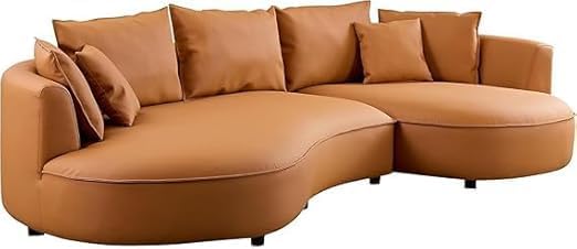Image of Modern Curved White Sofa Couch with Plush Pillows - 4 Seater Upholstered Living Room Sofa | Contemporary Minimalist Design for Home, Office & Lounge. (Orange RHS.)