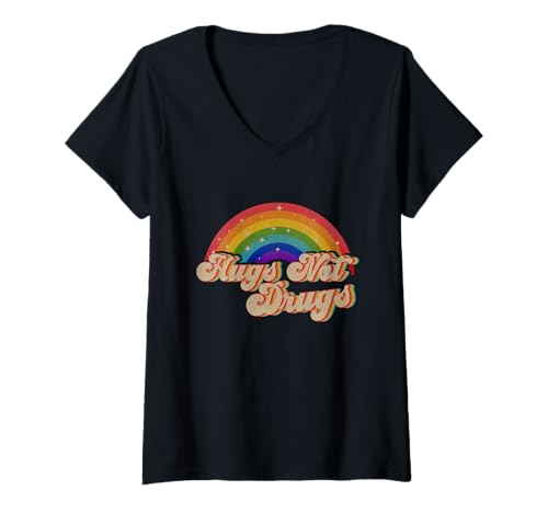 Womens Narcotics Anonymous Hugs Not Drugs AA NA Sobriety Rainbow V-Neck T-Shirt