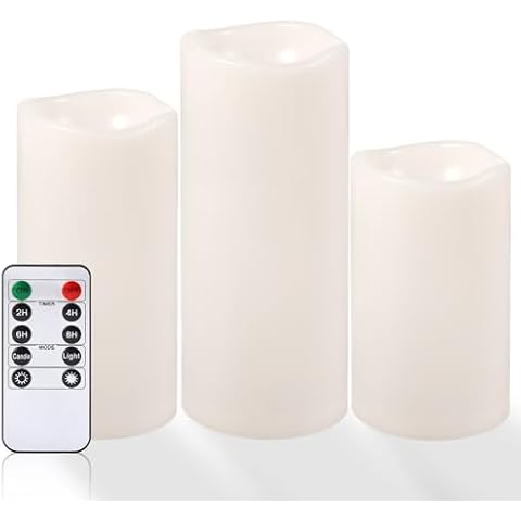 NURADA Large Waterproof Flameless Candles 6" 8" 10" x 4" - Outdoor Indoor LED Pillar Flickering Candle Battery Operated with Timer Remote for Patio Porch Lanterns - Ivory White Set of 3 Cover