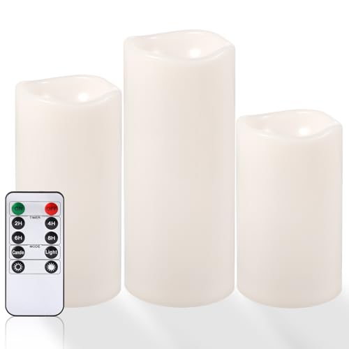 Image of NURADA Large Waterproof Flameless Candles 6 inch 8 inch 10 inch x 4 inch - Outdoor Indoor LED Pillar Flickering Candle Battery Operated with Timer Remote for Patio Porch Lanterns - Ivory White Set of 3