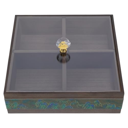 ANDRESLAD Bandeja Organizadora de Bambú con Tapa Transparente, 4 Compartimentos Cuadrados para Aperitivos y Dulces, Contenedor Ecológico para Snacks en Fiestas y Decoración de Año Chino