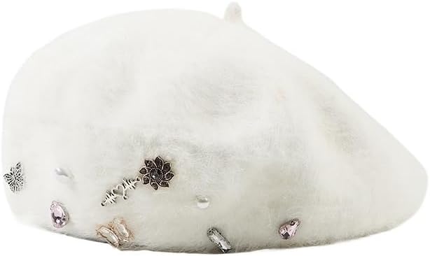 Rabbit Hair Rhinestone White Warm Beret Women's Casual Hat