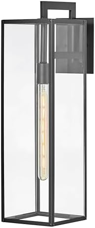 Hinkley Max 2595BK Large Outdoor Wall Mount Lantern, Hand-Welded Aluminum Frame, Clear Glass Panels, Contemporary, Industrial Style, Black