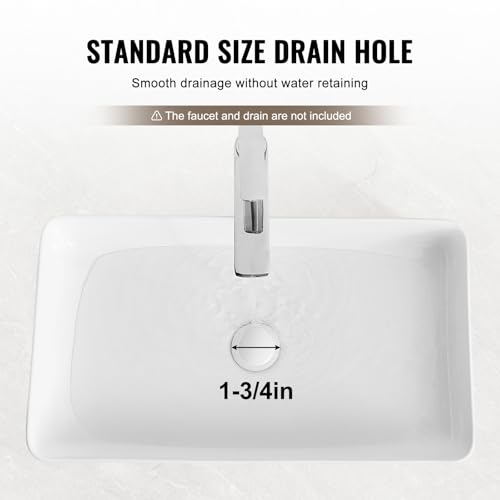 VEVOR Rechteckiges Aufsatzwaschbecken, 61 x 35 cm, Badezimmer-Aufsatzwaschbecken, weißes Keramik-Waschbecken über der Theke, moderner Stil, hell und elegant, gut verpackt für Badezimmer, Hotel