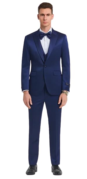 Tazzio Men's Formal Blue Satin 3 Piece Slim Fit Suit with Peak Lapel and Double Breasted Suit