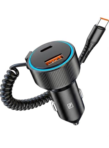 Image of Fast Charging Car Charger with Cable | USB Car Charger Adapter with Coiled Cable for Smartphones, GPS & Accessories | Safe, Durable & Compact Car Charging Solution