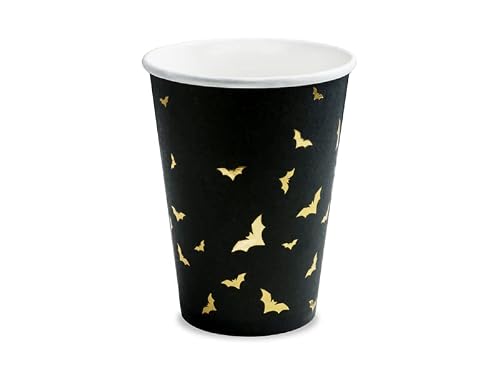 Partydeco Black Kpp20-Eu2 - Paper Cups - Halloween - With Golden Bats - 220 Ml (7.4 Oz) - Pack Of 6