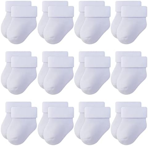 RATIVE Newborn Thick Terry Turn Cuff Socks for Baby Boy and Girl (0-3 months, 12-pairs/white)