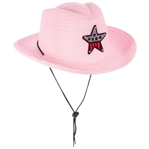 POPETPOP Sombrero de Paja Infantil con ala Ancha para Verano Protección Solar Diseño para Playa y Actividades al Aire Color Rosa