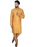 SKAVIJ Herren Tunika Jacquardseide Kurta Pyjama Set Party Kleid (S, Gold)